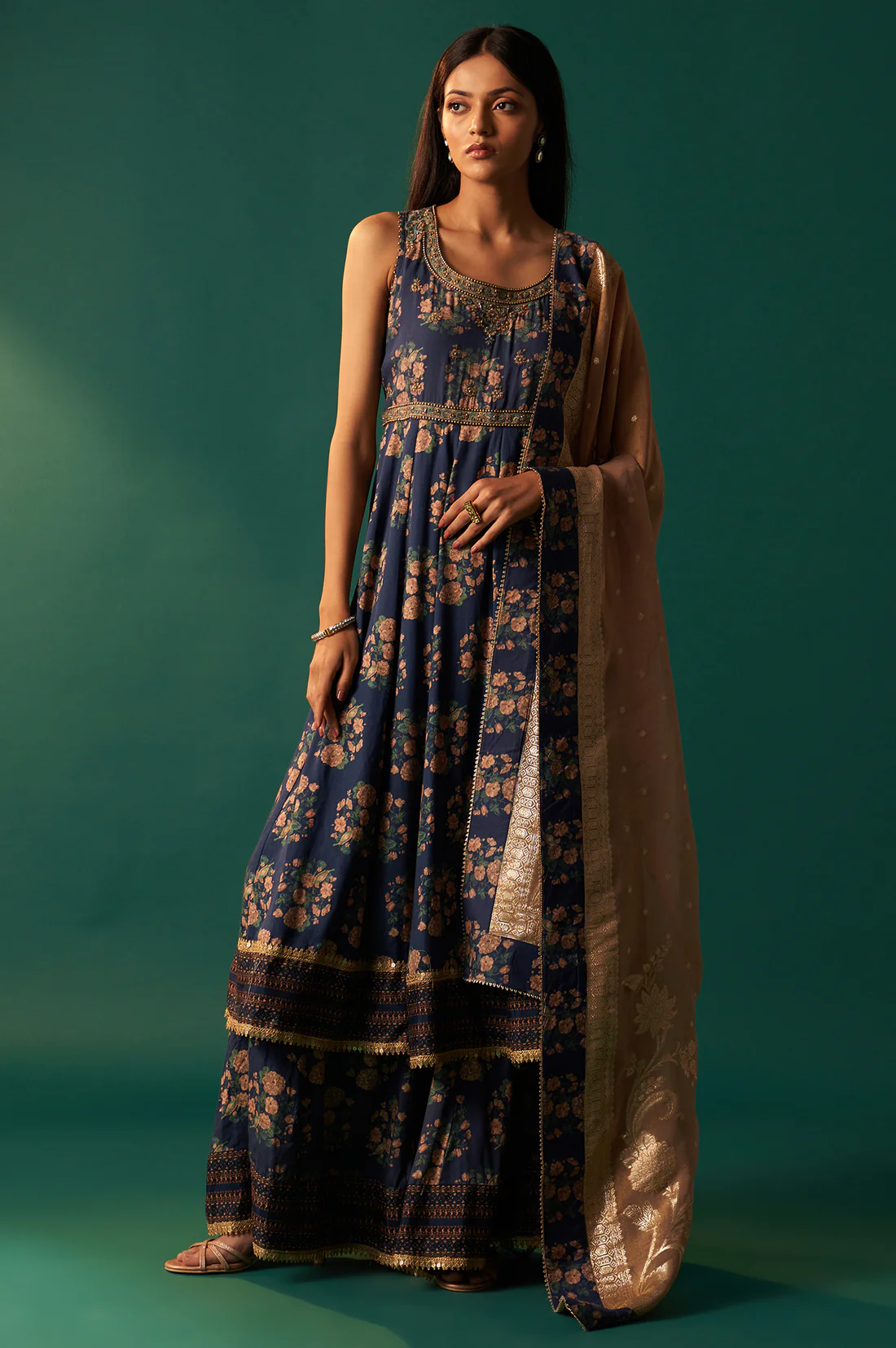 Navy Blue Floral Printed Beaded Anarkali Modal Satin Kurta